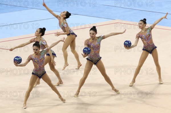 Sofia, Bulgaria - 31 March, 2018: Team Korea performs with balls and ropes during Rhythmic Gymnastics World Cup Sofia 2018. Group tournament