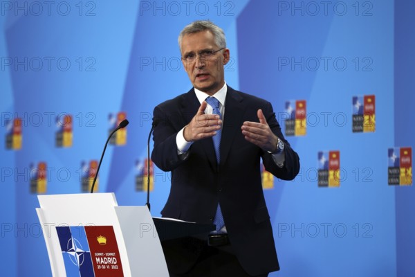 Madrid, Spain - 29 June, 2022: NATO Secretary General Jens Stoltenberg speaks at a press conference during a NATO summit in Madrid, Spain