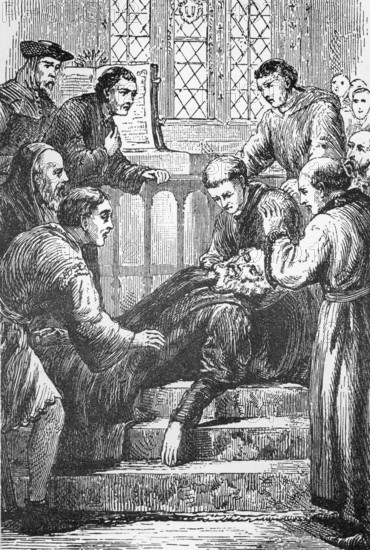 Line drawing of the death of pioneering English Bible Translator and Reformer, John Wycliffe
