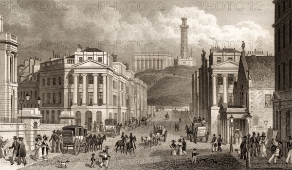 Waterloo Place, the National and Nelson's Monuments, Calton Hill, Edinburgh, Scotland, 19th century, from Modern Athens by Th. H. Shepherd