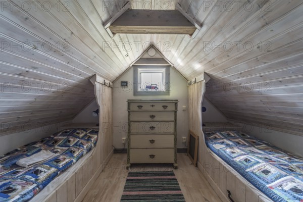 Rensmur, Sala Vastmanland County -Sweden, 08 06 2019: Wooden structure of the ceiling of a traditional Swedish summer house