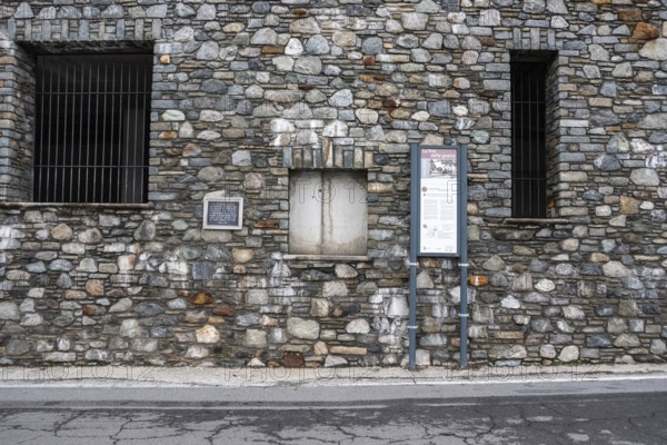 MUSSO, ITALY, OCTOBER 05, 2023, Information boards at the street in Musso, where dictator Mussolini became captured at the end of World War II, Italy