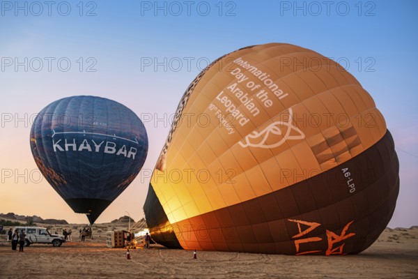 Preparation for the balloon flight over the Unesco site Maidain Saleh or Hegra, Al Ula, Kingdom of Saudi Arabia