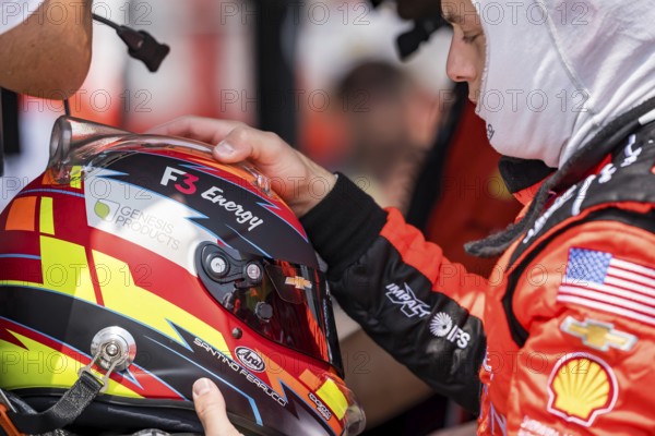 SANTINO FERRUCCI (14) of Woodbury, Connecticut prepares to practice for the Hy-Vee Homefront 250 at Iowa Speedway in Newton, IA