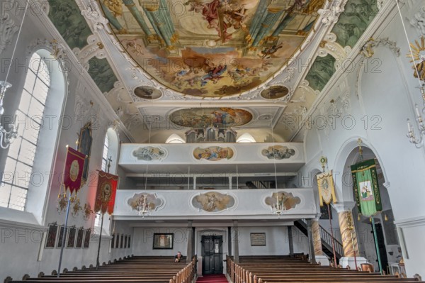 Organ loft and ceiling frescoes, St George and Florian is a listed Catholic parish church in Reicholzried, Allgäu, Bavaria, Germany