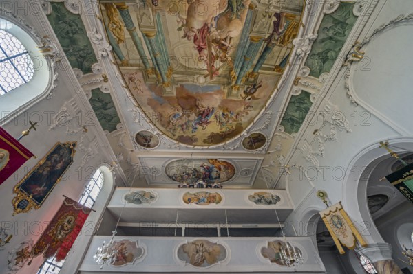 Organ loft and ceiling frescoes, St George and Florian is a listed Catholic parish church in Reicholzried, Allgäu, Bavaria, Germany