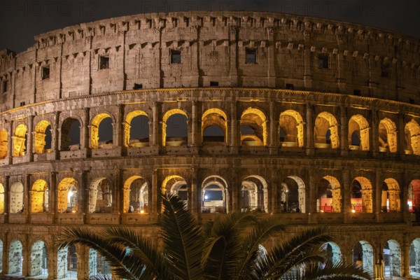 The Colosseum, famous and unique historical building of the Eternal City. View in the morning with great lighting, light installation. no people, Rome, Italy