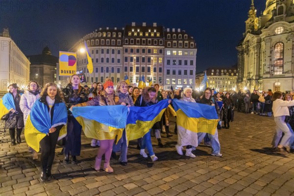 24 February marked the third anniversary of Russia's invasion of Ukraine. To mark the occasion, Ukrainian war refugees living in Dresden and their supporters demonstrated on the Neumarkt in front of the Church of Our Lady and then marched through the city centre, Dresden, Saxony, Germany