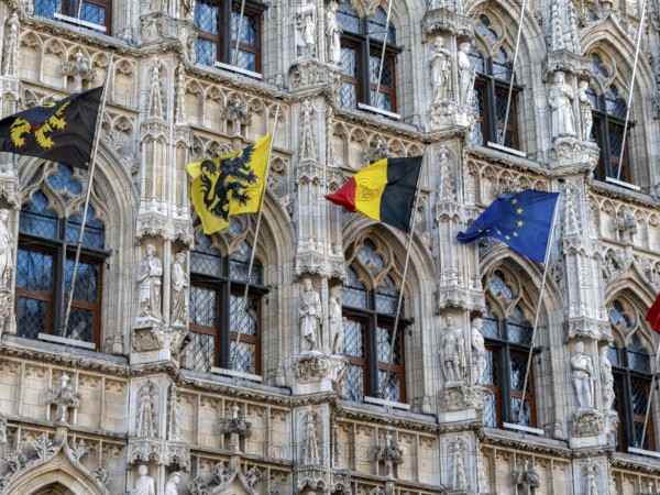 Detail Artistic building Leuven Town Hall (Historisch Stadhuis van Leuven) from 1469 in late Gothic style on the Grote Markt, Leuven, Flanders, Flemish Brabant, Belgium