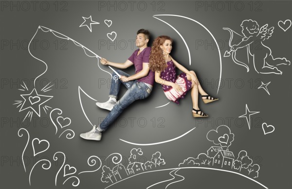 Happy valentines love story concept of a romantic couple fishing on a moon with a star on a hook against chalk drawings background of a night sky and a cupid