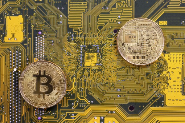 Virtual cryptocurrency money Bitcoin golden coins on a computer printed circuit board PCB. The future of money. Computational equipment. Yellow and green mother board. Shot directly from above