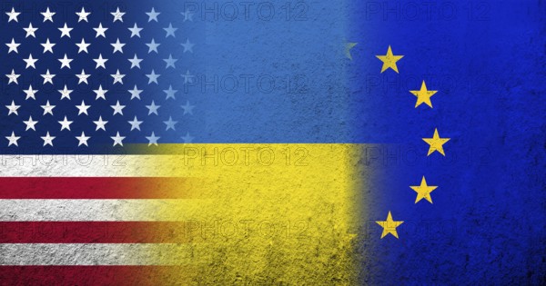 National flag of Ukraine, United States of America USA national flag and Flag of the European Union. Grunge background
