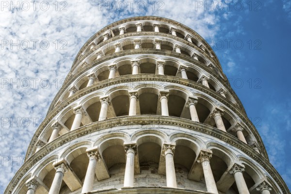 Leaning Tower of Pisa. Close up on blue sky