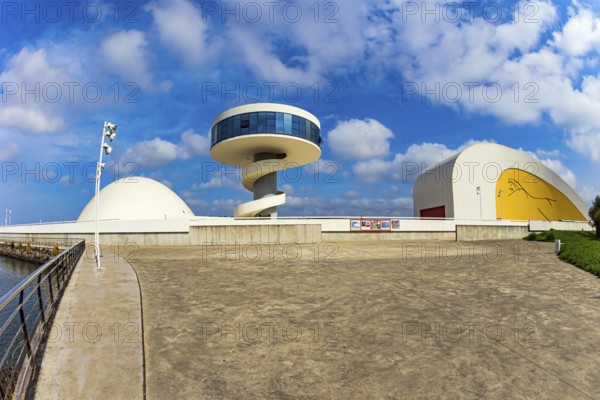 The town of Avilas in Asturias. North of Spain. The complex consists of several futuristic buildings of white color and various shapes. International center of the architect Oscar Niemeyer