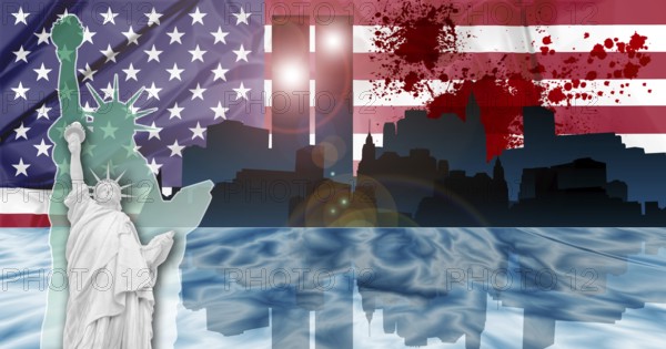American patriotic composition of New York with Manhattan skyline and Twin Towers reflected in Hudson river, the Flag and the Statue of Liberty