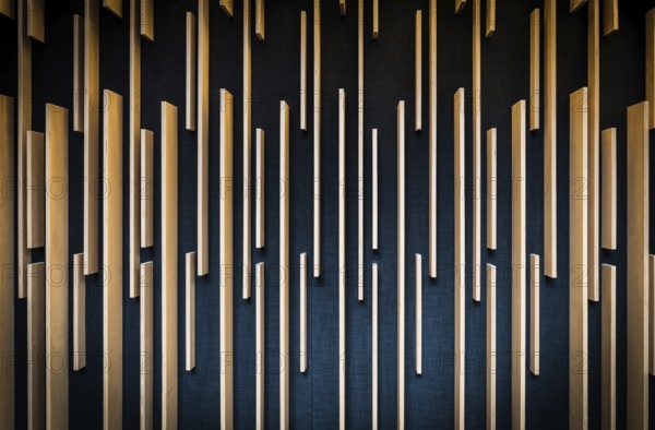 Brussels city center, Brussels Capital Region, Belgium, 11 13 2019 Wall decoration with wooden straight lines in the Muntpunt public library