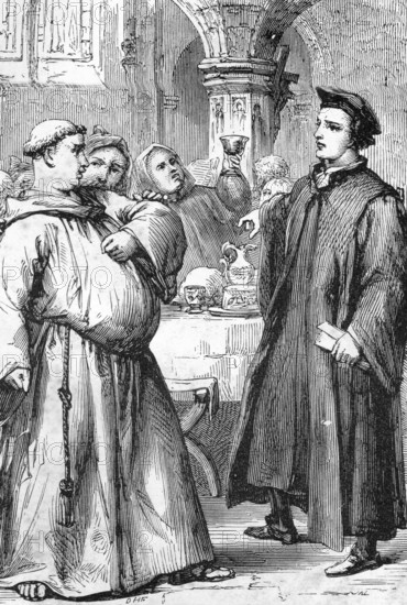 Line drawing of William Tyndale (right) making his famous statement to a fat friar that the plowboy will soon know more of the scriptures than the Roman clergy. Tyndale went on to translate the first English New Testament from Greek texts