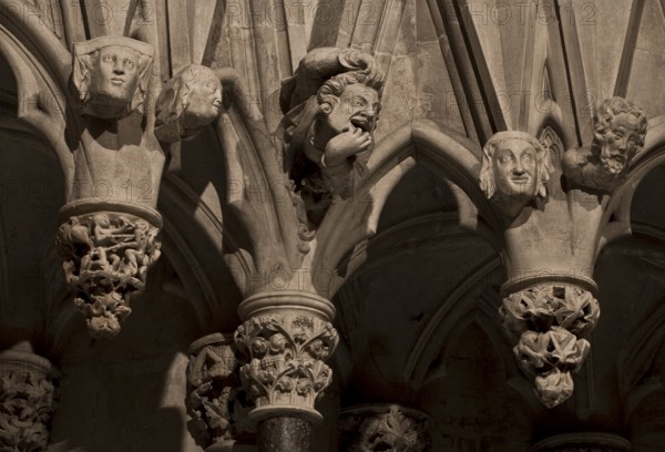 GB York Minster Chapter House Gaff heads with grimace cutter in d centre, St., Saint, Saint