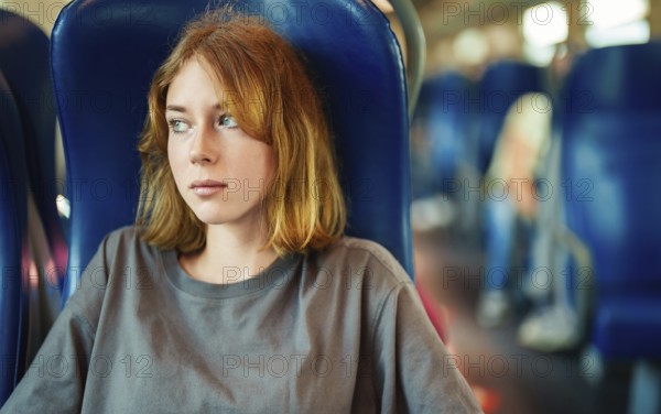 Teenage girl travelling inside the train