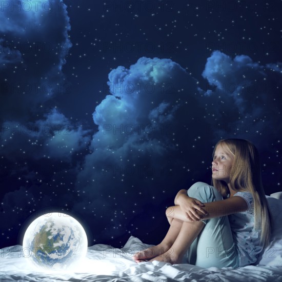 Cute girl sitting in bed and looking at Earth planet. Elements of this image are furnished by NASA