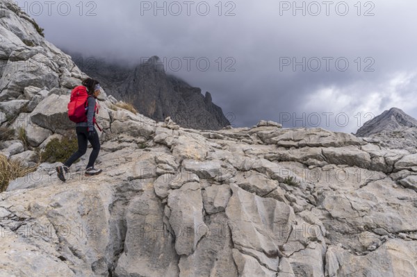 Hiker on the crest of Puig de Ses Vinyes, 1105 metres, sierra de tramuntana, Escorca, Majorca, Balearic Islands, Spain