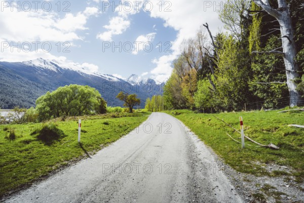 A rural road leads through a green landscape with snow-capped mountains in the background, Cattle Flat, Wanaka, New Zealand