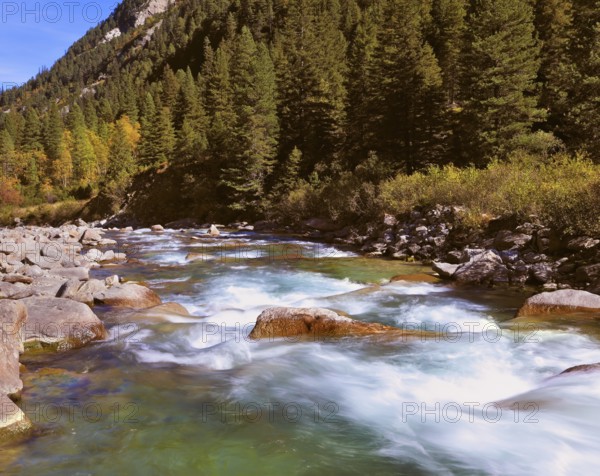 Pastoral in the Alpine mountain valley in Austria. Rapid mountain stream. Cascades of cold water at the source of the famous Krimml waterfalls