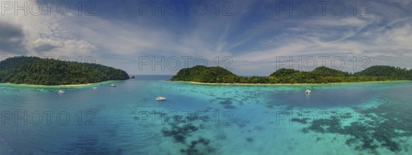 Aerial panorama view of beauty nature landscape with beach, corals and sea on tropical Koh Rok island, Thailand