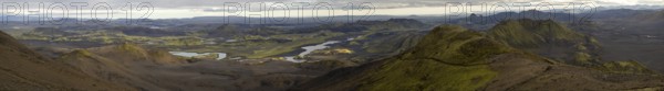 View from Sveinstindur mountain, mossy hills, mountains, Skaftá river, panoramic view, Icelandic highlands, Iceland