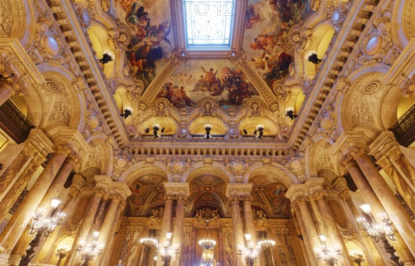 PARIS, FRANCE, MARCH 14, 2017 : interiors, frescoes and architectural details of the palais Garnier, Opera of Paris, march 14, 2017 in Paris, France