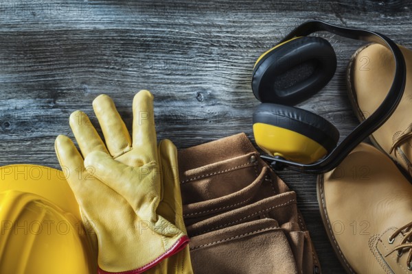 Leather protective gloves boots tool belt hard hat earmuffs on wooden board