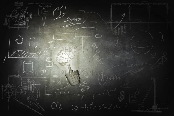 Bulb Illuminates mathematics and business icons on the school chalk board. 3d illustration