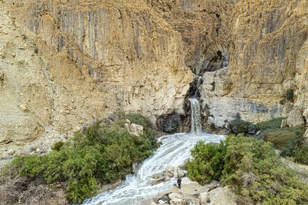 The famous biblical stream Kidron. Winter flood on the Kidron stream. Ancient mountains around the Dead Sea. The picture was taken by a drone. Cold rainy winter in Israel