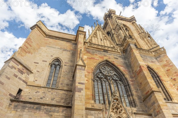 Facade of the Saint-Martin collegiate church in the city center. Colmar, Haut-Rhin, Collectivite europeenne d'Alsace, Grand Est, France