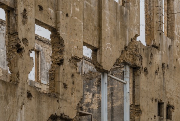 Cheorwon, South Korea, February 2, 2019, Closeup of back wall of North Korean Labor Party building in area of South Korea that was once controlled by DPRK