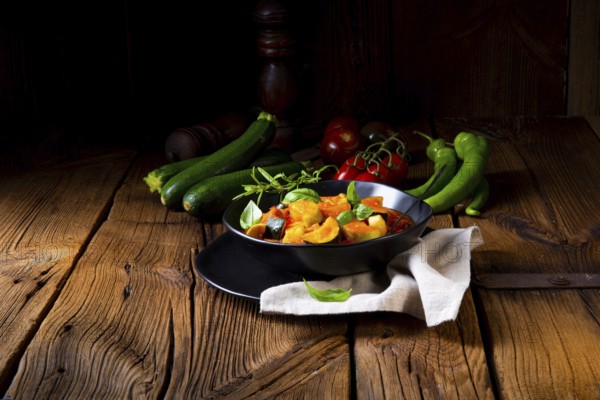 Vegetarische ratatouille mit frischem gemüse und kräutern