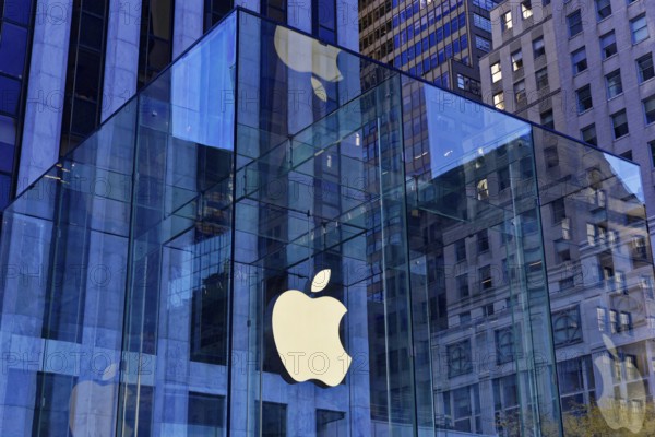 Manhattan, New York City, New York, USA, North America, Apple Store with striking glass design and large Apple logos, United States of America
