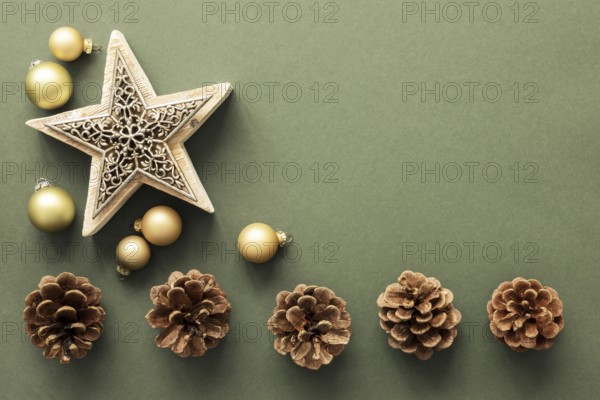 A Christmas decoration background with pine cones and a star