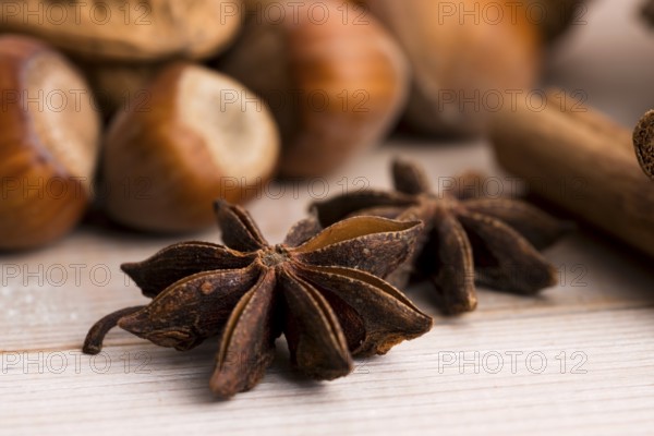 Different kinds of spices, nuts and dried oranges - christmas decoration, lodz, poland