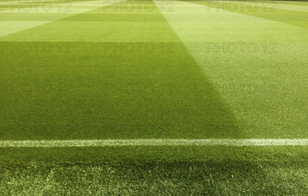 An empty football stadium with green grass
