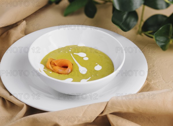 Food, Delicious green spinach cream-soup with salmon top view