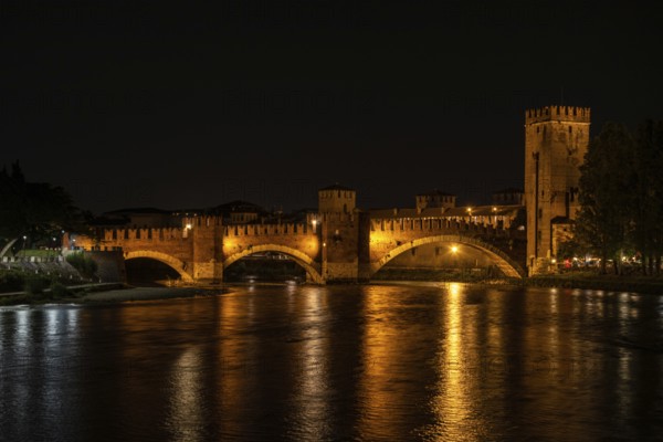 Castlevecchio Bridge over the Adige River in Verona at Night, Italy