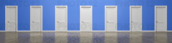 Seven white doors blue wall. 3D illustration