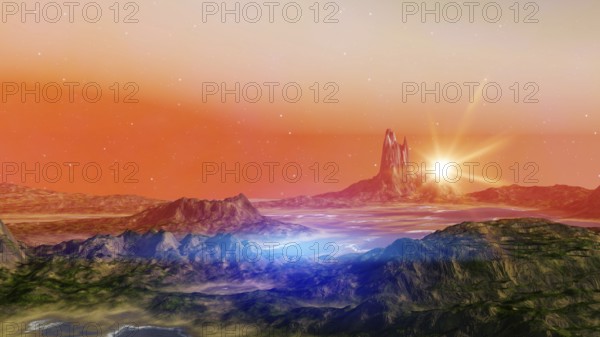A fantasy landscape scenery at dawn 3D illustration