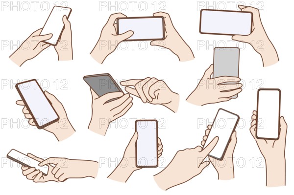 Set of people hold smartphone gadget with mockup screen use internet or social media. Collection of person user with cellphone browse surf modern device. Technology. Vector illustration