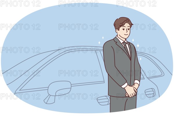 Car driver in suit standing near car waiting for client. Chauffeur in formalwear working in luxury automobile company. Good quality service. Vector illustration