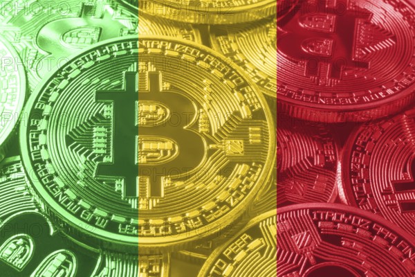 Mali bitcoin flag, national flag cryptocurrency concept black background