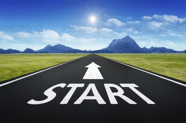 3d rendering of a road to horizon with text start