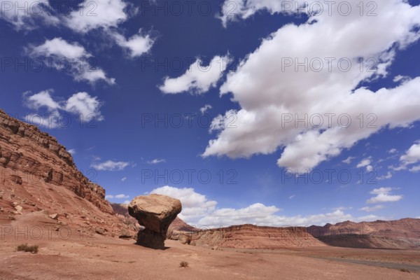 American rock desert. The famous giant mushroom of red sandstone, glowing clouds, midday shadows