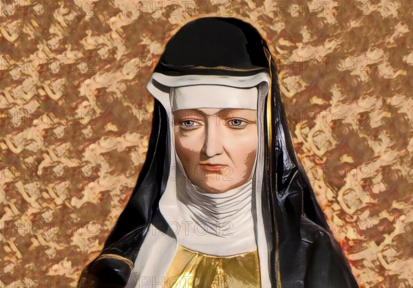 Figure of Hildegard of Bingen, Sibyl of the Rhine, 1098 – 1179, German Benedictine abbess and polymath, digitally edited